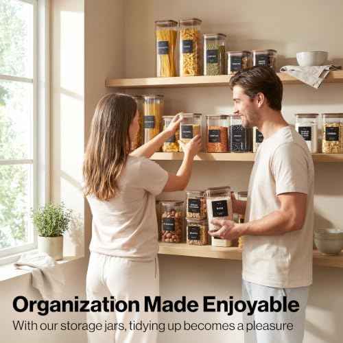 Glass Pantry Storage Jars Containers with Acacia Lids and Labels - Set