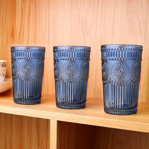 Loivttvv 6pcs Vintage Drinking Glasses Set, 12 oz Blue Highball