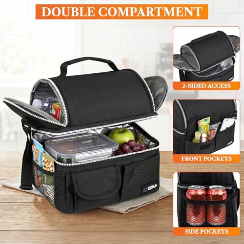 opux Insulated Lunch Bag Women Men, Dual Compartment Leakproof, Black