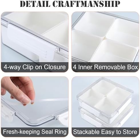 2pack Divided Serving Tray with Lid, 4 Compartment Removable Snack