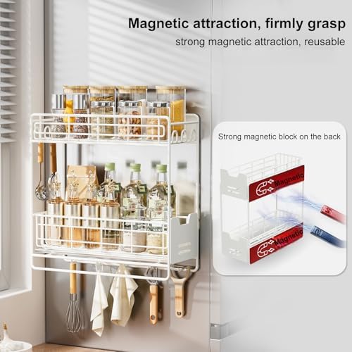 Magnetic Refrigerator Shelf with Sliding Shelf, White, 5 Hooks
