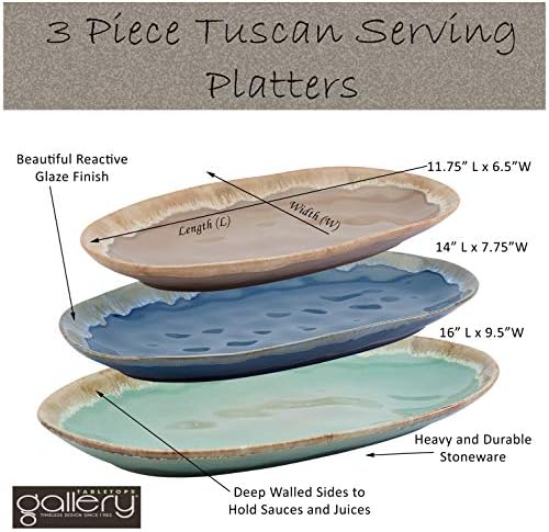 Tabletops Gallery Tuscan Collection Reactive Glaze 3 Piece Oval Stoneware Serving Trays Platters Kitchen Serveware, Blue Teal Green Brown
