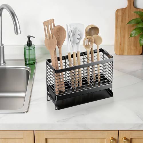 Utensil Holder, Drying Rack with Automatic Drain Tray for Kitchen
