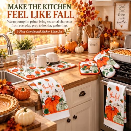 6-Piece Harvest Pumpkin Kitchen Linen Set, Orange & Sage Fall Autumn