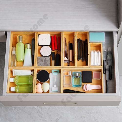 Fabsome Drawer Organizer, Set of 9 Bamboo Wood Kitchen Makeup Desk