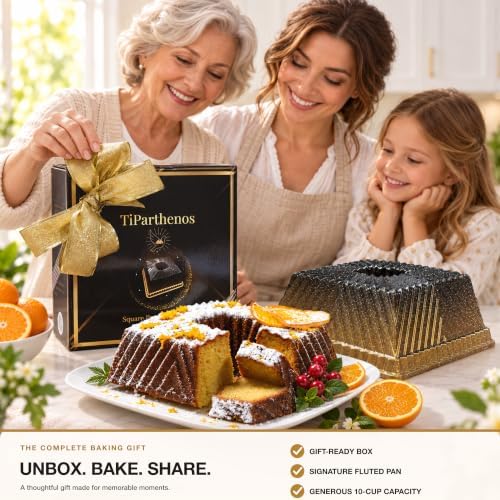 Square Fluted Tube Cake Pan, 10-Cup Compact Size, Dual-Tone Gold &