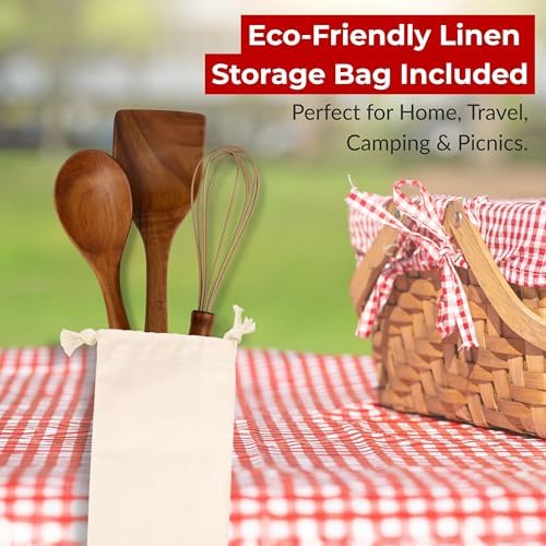 6-Piece Natural Teak Kitchen Utensil Set with Linen Bag