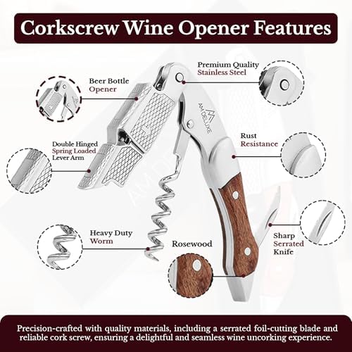 Waiters Corkscrew Wine Opener - Double-Hinged Fulcrum 3-In-1 Cork