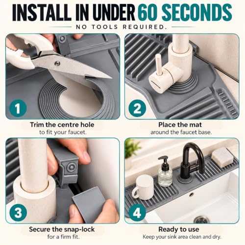 24 Inch Silicone Faucet Mat for Kitchen Sink, 7° Self-Draining Splash