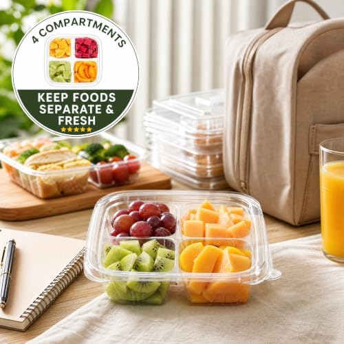 Peohud 50 Pack Clear Bento Snack Containers, 4 Compartment Food