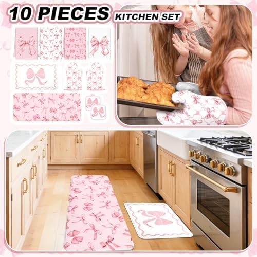JarThenaAMCS 10Pcs Pink Bow Kitchen Dish Towels Rugs Oven Mitts and