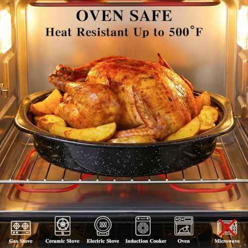 13 Inch Small Roasting Pan with Lid and Rack, Enamel Carbon Steel Roaster Pan, High Temperature Resistance and Dishwasher Safe, Cookware for Small Poultry & Vegetables