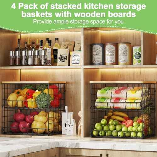 4 Pack Stackable Wire Pantry Baskets with Wooden Tops
