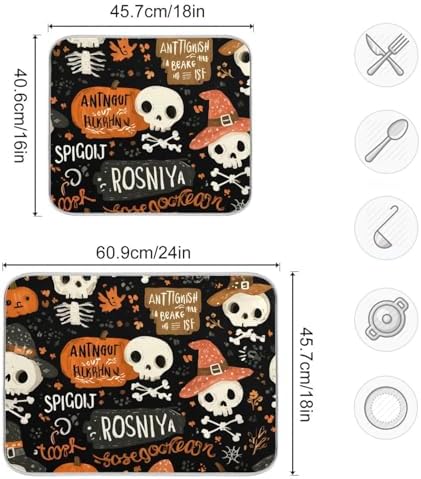 OTVEE Skeleton with Pumpkins Dish Drying Mat for Kitchen Counter