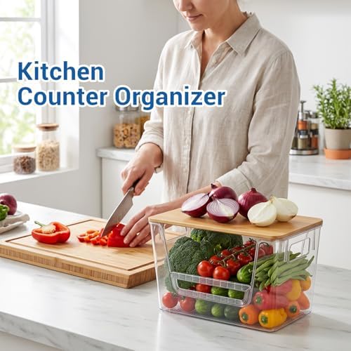 3 Set Pantry Organizers and Storage with Bamboo Lids, Stackable Clear