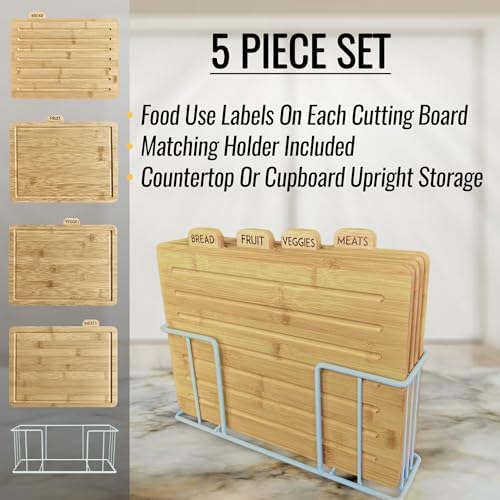 Bamboo Cutting Board Set with White Holder, 4 Labeled Boards