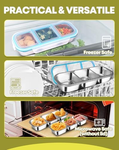 2 Pack Stainless Steel Snack Containers, 3-Compartment Bento Boxes for