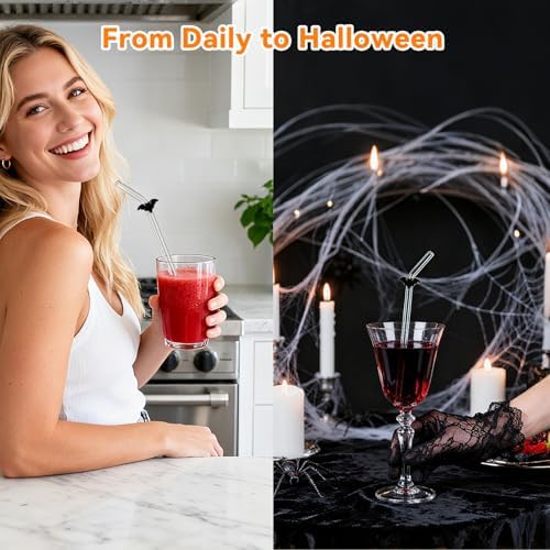 Black Bat Glass Straws with Charms, 8mm 9Inch Bent Straws for Gothic