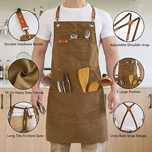 Aoomzoon Canvas Aprons for Men Women, Heavy Duty BBQ Apron with