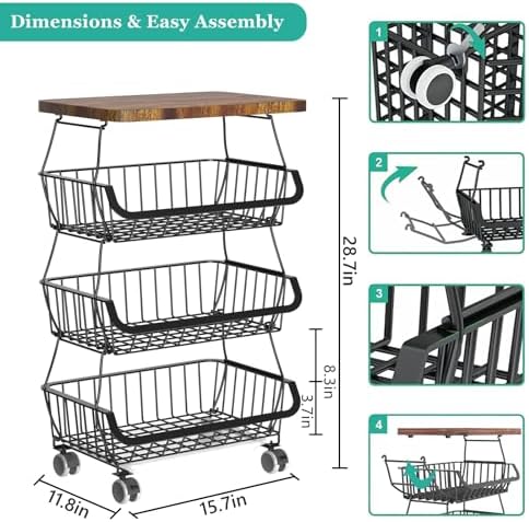 CHLORYARD Fruit Basket with Wooden Lid for Kitchen, 4-Tier Stackable