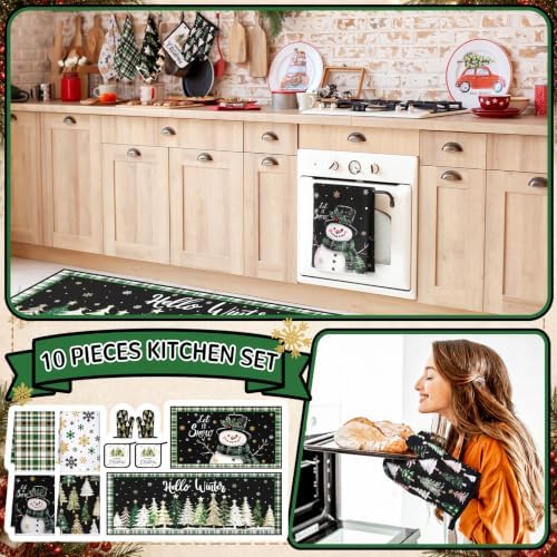 Fourluoo 10 Pcs Christmas Kitchen Decor Set Green Christmas Tree Rugs