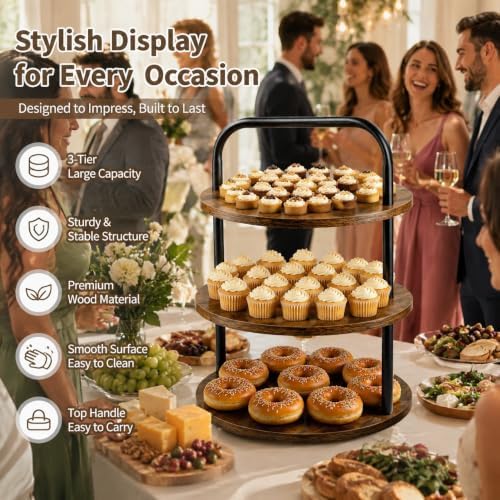 3-Tier Wood Serving Stand, 50 Cupcakes Round Tiered Display Tray with