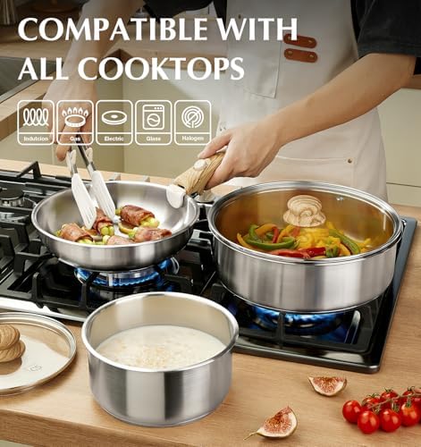 KOCH SYSTEME CS Stainless Steel Cookware Set, 18/10 Stainless Steel Pots and Pans Set 11PCS, Detachable Handle Pots and Pans for Easy Storage, Removable Handle Cooking Set, Induction Compatible