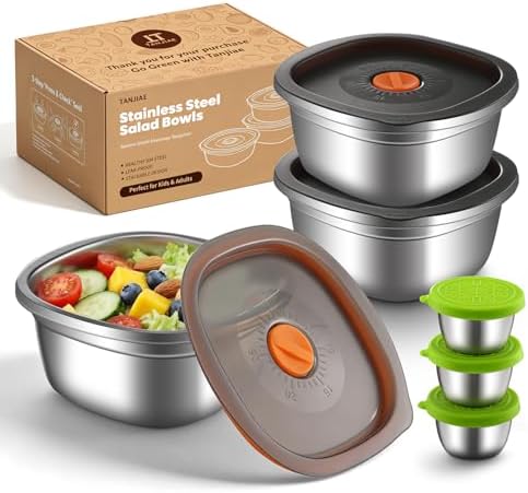 Tanjiae 3-Pack 50 oz Large Stainless Steel Salad Bowl To Go for Lunch
