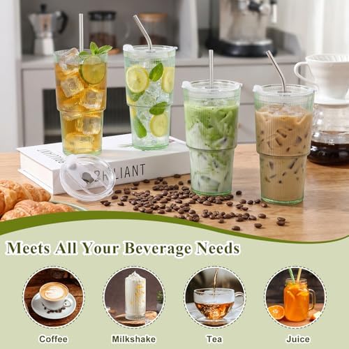 4 Pcs 20oz Plastic Ribbed Tumblers with Lid and Straws Green Plastic