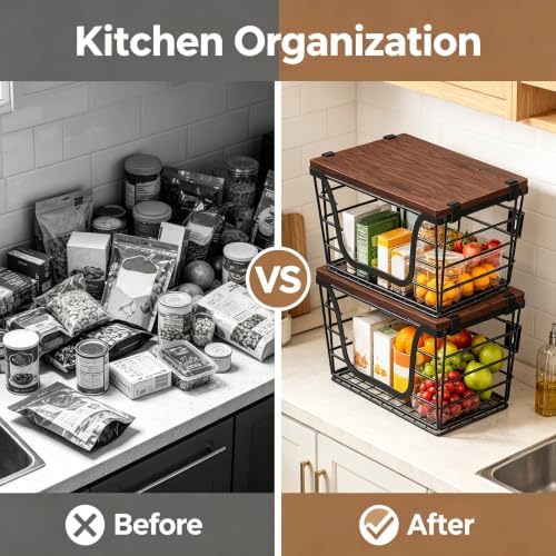 2 Pack Stackable Potato and Onion Storage Bins, Metal Wire Baskets for