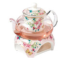YBKTEX Glass Teapot with Ceramic Warmer- Butterflies Pattern (Pink)