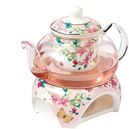 YBKTEX Glass Teapot with Ceramic Warmer- Butterflies Pattern (Pink)