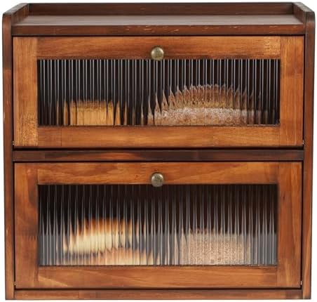 Sunhoo Bread Box for Kitchen Countertop Wooden Bread Storage Container Bin 2 Layer Breadbox Holder Large Capacity Keeper Vintage Farmhouse Food Organizer Pantry Shelf Acrylic Window (Brown)