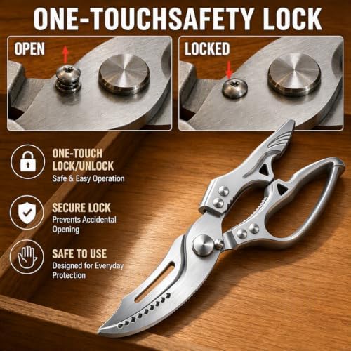Heavy Duty Poultry Shears, Spring-Loaded Kitchen Scissors with Safety