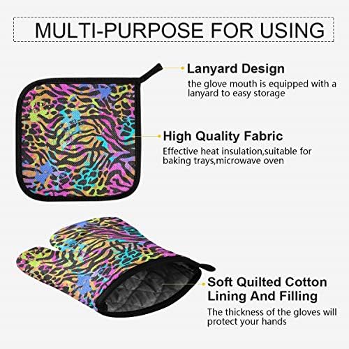 QMXO Colorful Leopard Skin Oven Mitts Quilted Cotton Lining Potholders