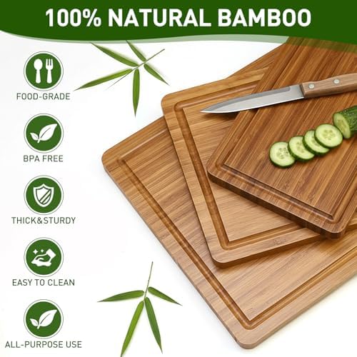 Bamboo Cutting Boards Set for Kitchen Non Toxic Solid Wood Chopping