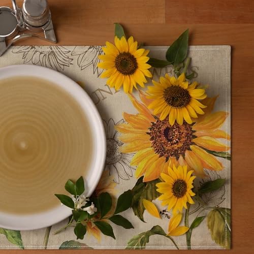 Sunflower Linen Placemats Set of 4, 12x18 Inch Farmhouse Spring Summer