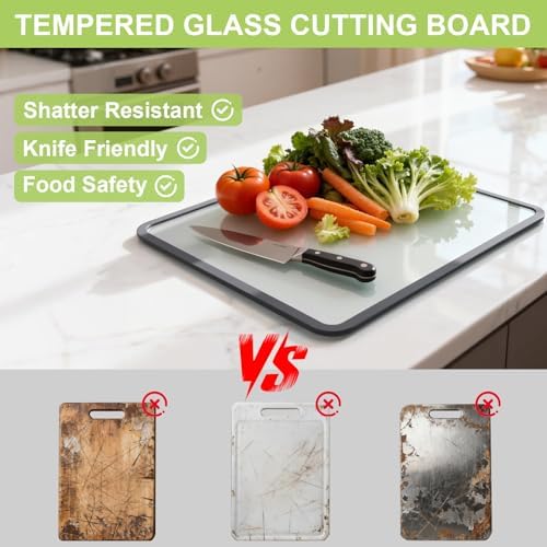 Tempered Glass Cutting Board 8x12" and 12x16", GUGEMEI Glass Chopping Board for Kitchen Counter, Non-Slip Rubber Ring, Dishwasher Safe