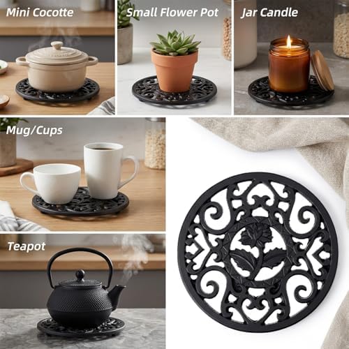 4 Pcs Cast Iron Trivet, 4.6 Inch Round Metal Trivet with Vintage