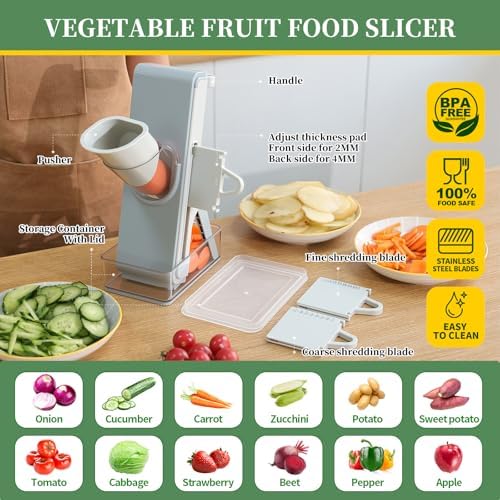 Safe Mandoline Slicer for Kitchen, Adjustable Vegetable Slicer, Julienne Slicers, Cut Resistant Stainless Steel Blades, Potato Fry Cutter, Onion Chopper, Detachable, Dishwasher Safe, Kitchen Gadgets