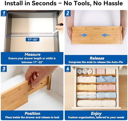 4 Pack 8" Deep Bamboo Drawer Dividers, 17-22" Expandable Kitchen