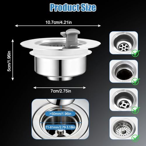 Sink Drain Strainer - Sink Stopper Drain, 3 in 1 Kitchen Stainless