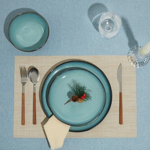 Pokini Stoneware Dinnerware Sets for 8, 24Pcs Ceramic Plates and Bowls Sets