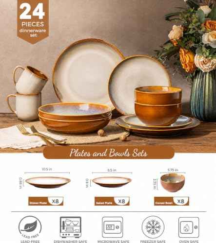 LERATIO Ceramic Dinnerware Sets for 8,24Pcs Porcelain Plates and Bowls Set
