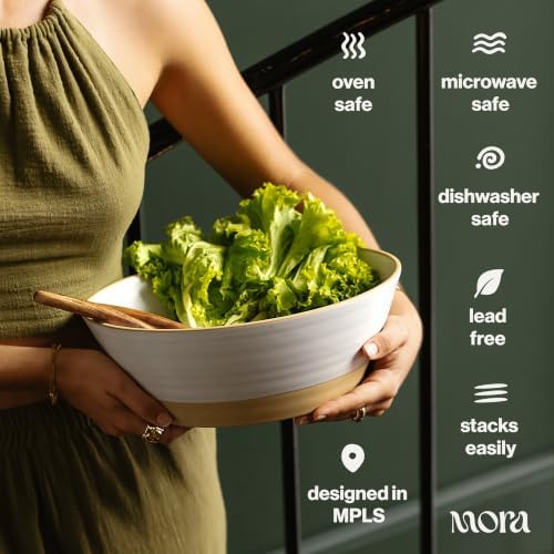 MORA Giant Salad Bowl Set with Wood Salad Servers, 4 qt Large Ceramic