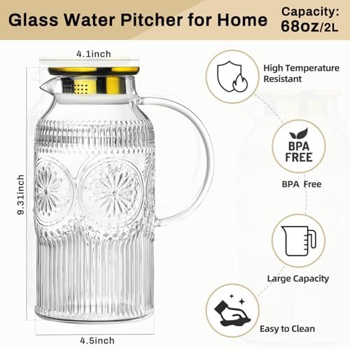 Buaic 2 PACK Glass Pitcher with Lid, 68 oz Vintage Water Carafe for