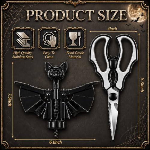 Fourluoo 3 Pcs Halloween Bat Kitchen Scissors Wine Bottle Opener Set