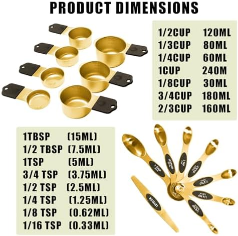 15PCS Gold Plated 304 Stainless Steel Measuring Cup & Spoon Set