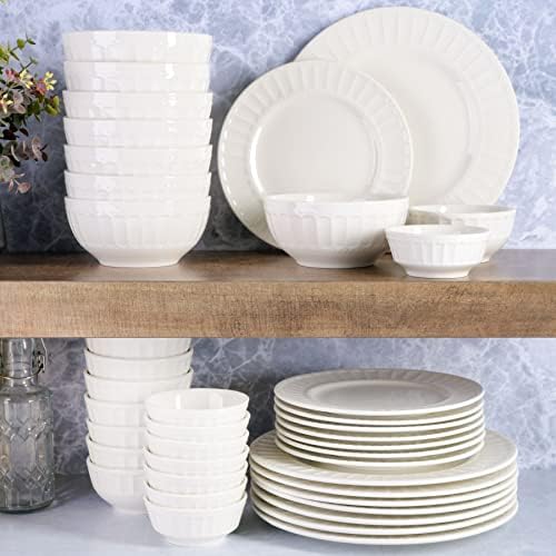 Gibson Home Zen Buffet Porcelain Ceramic Dinnerware Sets for 8, Plates and Bowls Set (40pcs), White Embossed Dishes