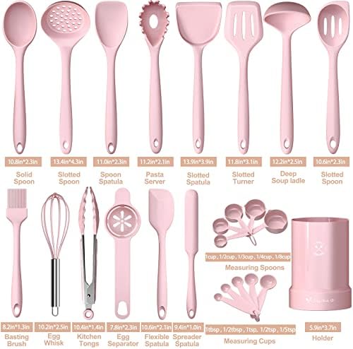 Fungun Silicone Cooking Utensils Set with Holder, Pink